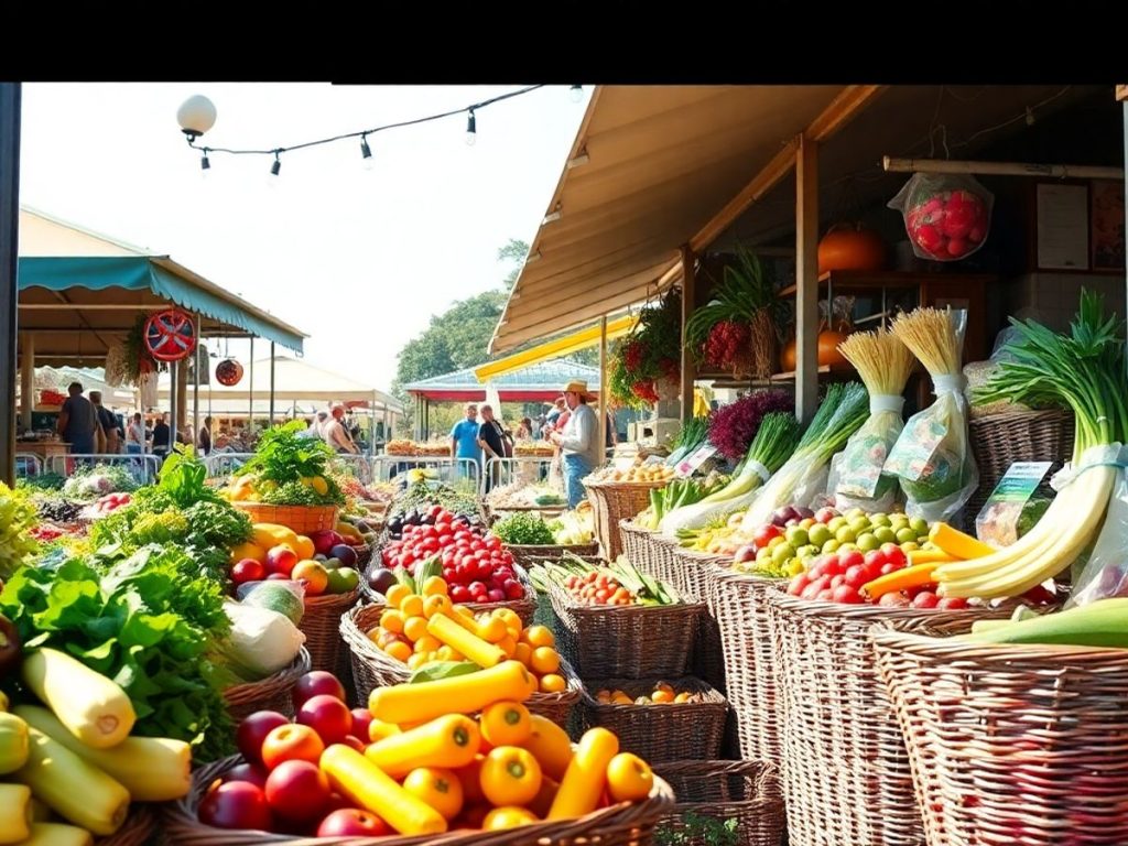 Scenă de piață cu produse alimentare bio locale.