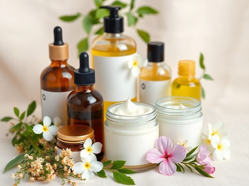 Produse cosmetice bio pe un fundal natural si floral.
