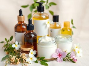 Produse cosmetice bio pe un fundal natural si floral.