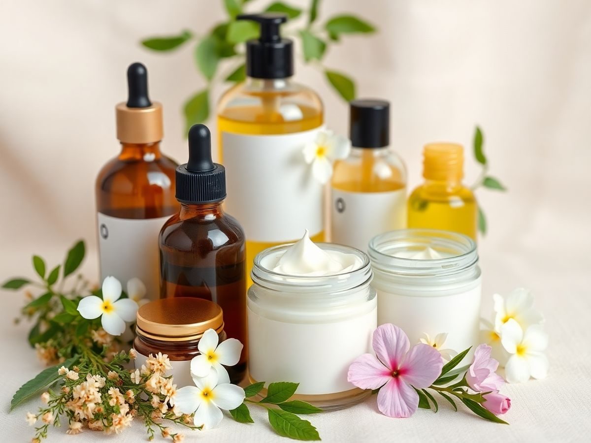 Produse cosmetice bio pe un fundal natural si floral.