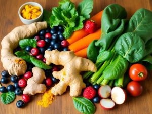 Alimente antiinflamatorii naturale pe o masă de lemn.