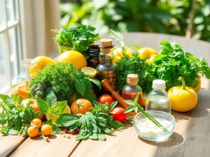 Aranjament de ierburi și fructe proaspete pentru sănătate.