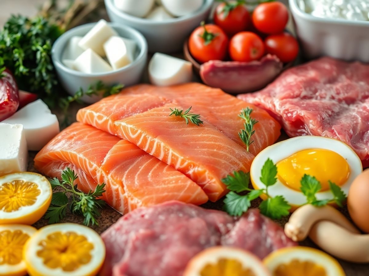 Diverse alimente bogate în vitamina B12, viu colorate.