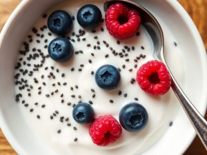 BioFresh 32 Semințe chia, fructe de pădure, iaurt, castron, lingură
