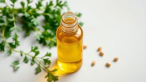 Ulei de coriandru în sticlă cu frunze verzi