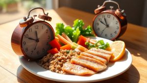 Farfurie cu mâncare sănătoasă și ceas pe masă.